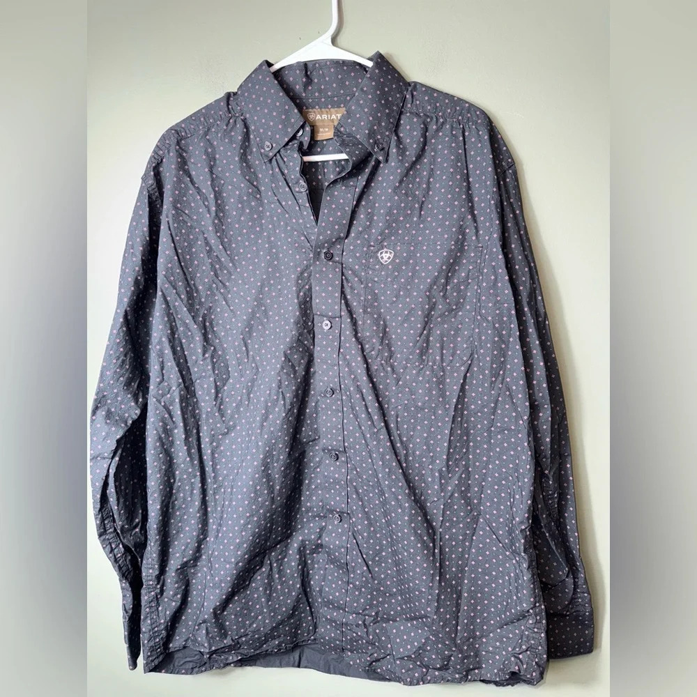 Ariat Mens Button Shirt Western Rodeo Cowboy Geometric Navy Pink Size Medium